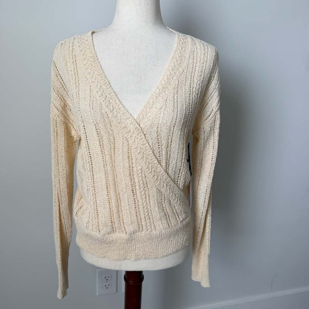 ASTR The Label Pointelle Wrap Front Sweater Cream Size S AT15838C